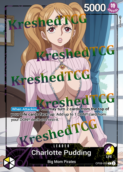 Charlotte Pudding OP08-058 Leader One Piece Full Art Holo – Anime Custom Card | KreshedTCG