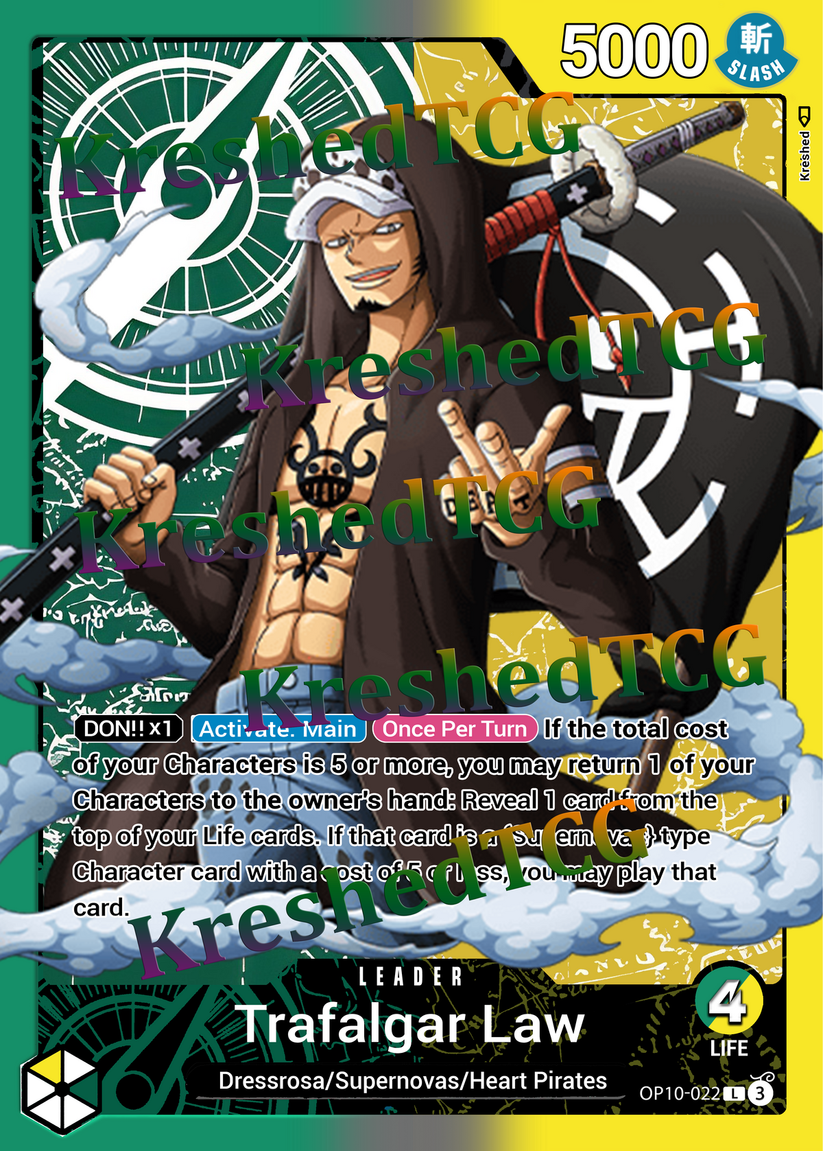Trafalgar Law OP10-022 Leader One Piece Full Art Holo – Anime Custom Card | KreshedTCG