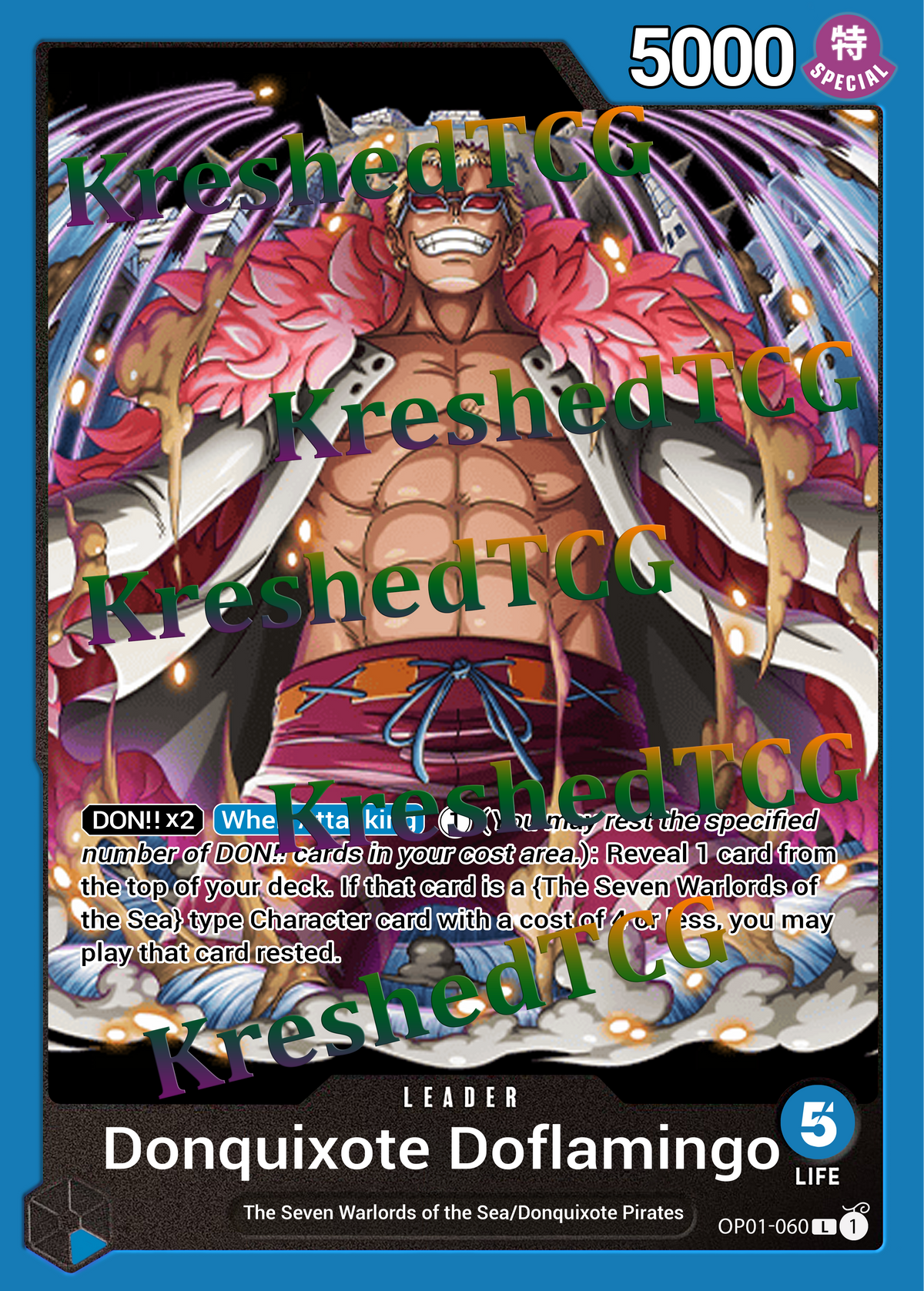 Donquixote Doflamingo Leader OP01-060 One Piece Full Art Holo – Anime Custom Card | KreshedTCG