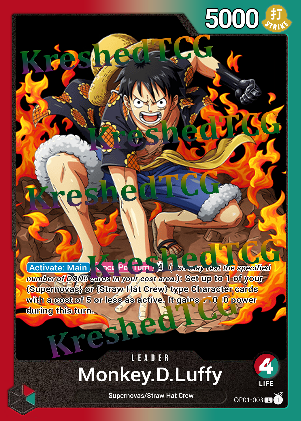 Monkey D. Luffy Leader OP01-003 One Piece Full Art Holo – Anime Custom Card | KreshedTCG